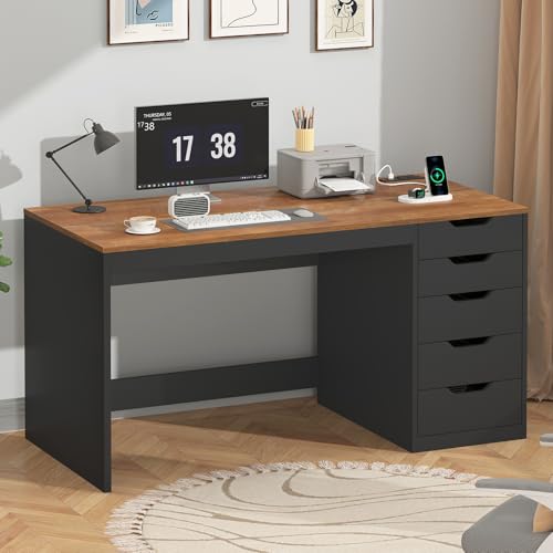 47 Inch Computer Desk with 5 Drawers and Power Outlets for Small Spaces | Home Office Desks with Storage File Cabinet and Charging Station, Modern Simple Laptop Desk Writing Table, Brown and Black - color: Brown and Black