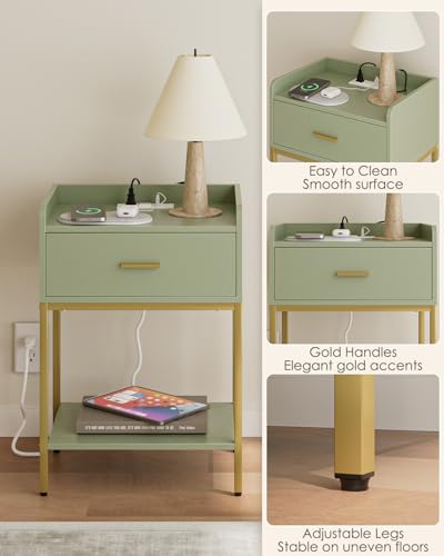 Masupu Nightstand with Charging Station,3-Tier Modern Bedside Night Stand with Storage Drawer and Shelf,Small End Side Table for Bedroom,Living Room,Gold and Green - color: Outlet-green