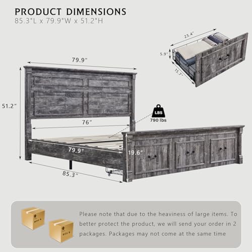 Aitjunz Farmhouse King Size Bed Frame with 51" Tall Headboard, Wood Platform Bed Frame with 20" Tall Roman Column Decoration Footboard & 3 Large Storage Drawers, No Box Spring Needed (Light Grey) - color: Light Grey, size: King