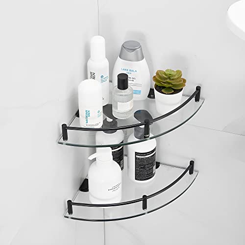 Glass Shower Corner Shelves 2 Pack - Floating Bathroom Shelves Tempered Glass Shelf with Rails SUS 304 Stainless Steel Wall Mounted Organizer, 24cmx24cm 6mm, Black