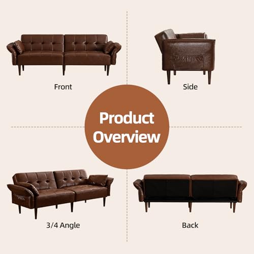HALLYBEE 85" Futon Faux Leather Couch with Adjustable Armrests Red Brown | Futon Sofa Bed, Sleeper Sofa, Small Couch with Pillows, Side Pockets, Mid Century Modern, Living Room, Bedroom, Apartment - color: Red Brown