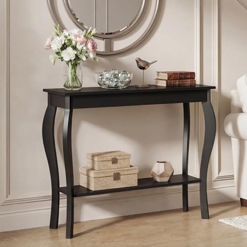 ChooChoo 39" Narrow Entryway Table with Storage Shelf, Black | Console Table with Curved Legs, Chic Accent Sofa Table with Shelves for Entryway, Living Room, Hallway - color: Black