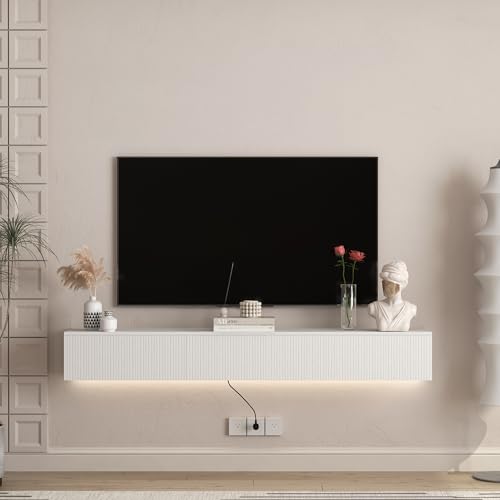 Floating TV Stand Wall Mounted with Led Lights, 69" Modern Floating Entertainment Center, Large Storage Media Console Wall Unit for Living Room Bedroom, White - color: White, size: 69" W x 9.17" H