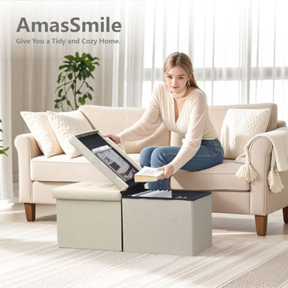 AmasSmile Footrest Ottoman Storage Bench,34" Linen Folding Chest,Beige | Large Ottoman with Storage,Thicker Foam Padded Seat,Livingroom,Dorm,Bedroom,Entryway,Easy to install,34 x 13 x 13in - color: Beige-linen