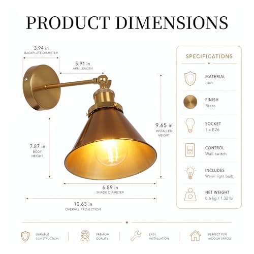 Fandian Brass Gold Classic Industrial Metal Adjustable Arm LED Wall Sconce for Bedside Reading, Farmhouse Swing Arm Wall Lamp with Metal Shade, Hardwired