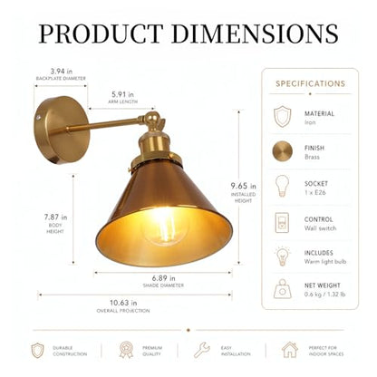 Fandian Brass Gold Classic Industrial Metal Adjustable Arm LED Wall Sconce for Bedside Reading, Farmhouse Swing Arm Wall Lamp with Metal Shade, Hardwired