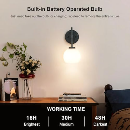 Black Wireless Rechargeable Wall Sconces with Remote Control, Battery Operated Wall Sconce Set of 2, LED Dimmable Wall Lights with Opal White Glass Shade, 12 Colors RGB & 3 CCT Bulb - color: Matte Black & Opal Glass, size: Battery 12 Inch