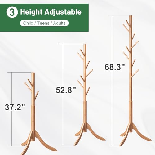 kiplant Coat Rack Freestanding, Bamboo Wood Coat Stand with 8 Hooks,3 Adjustable Size,Easy Assembly NO Tools Required, Coat Tree Hanger Stand for CoatsScarves in Hallway - color: Nature