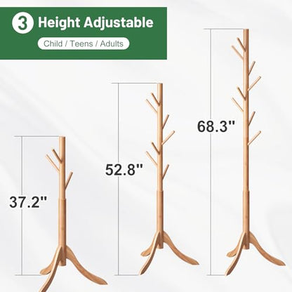 kiplant Coat Rack Freestanding, Bamboo Wood Coat Stand with 8 Hooks,3 Adjustable Size,Easy Assembly NO Tools Required, Coat Tree Hanger Stand for CoatsScarves in Hallway - color: Nature