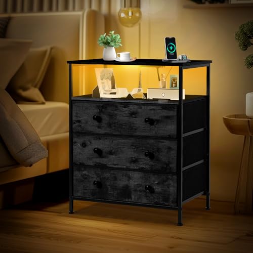 3-Drawer LED Nightstand Set 2 with Charging Station, Black | Engineered Wood and Steel, 2 AC and 2 USB ports, 24 Inch Wide, RGB App Control, Fabric Drawers, Open Storage Shelf - color: Black, 2 Pack