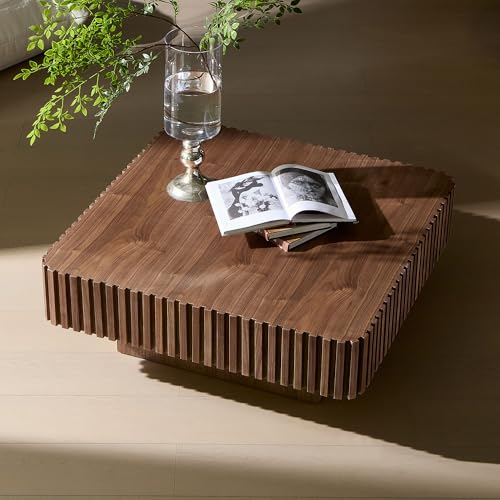 JUSTONE 35-inch Mid-Century Modern Drum Coffee Table, Handcrafted Wood Round Center Table for Living Room, Home Office, Walnut - color: 35.43'' - Walnut-1