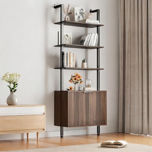 74" Tall Bookshelf with Storage Cabinet, Modern Ladder Shelf with Wood and Metal Frame, Wall Mount Bookcase Open Display Shelf Furniture for Living Room, Bedroom, Home Office, Walnut - color: Walnut