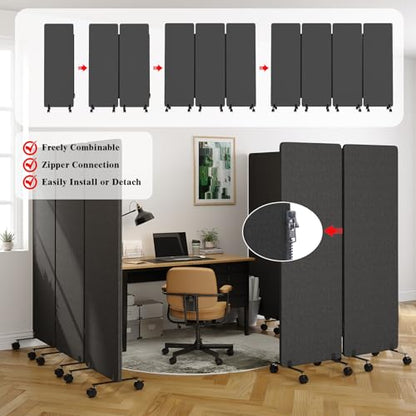 4 Panel Soundproof Room Divider W/Wheels, Office Divider with Whiteboard | 66" H with Detachable Whiteboard/Clips/Hooks/Pushpins,Wheeled Room Dividers, Easy to Move,For Conference Room Partitions - color: Dark Grey, size: 4-Panel-with Board