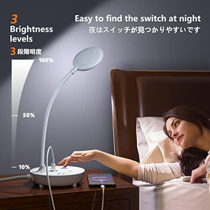 LED Desk Lamp with 2 USB Charging Ports and 2 AC Power Outlets - Adjustable Gooseneck Desk Light with 3 Level Brightness, Eye-Caring Small Table Lamp for Home Office, College Dorm Room Essentials