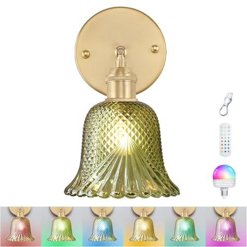 GEEZO Vintage Battery Operated Wall Sconce, with Rechargeable Battery Powered Wall Light with Remote Control for Bedside Bedroom - color: Ripple Green, size: (1 pack)