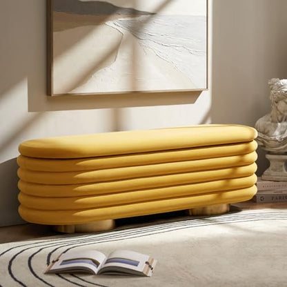 HULALA HOME Velvet Storage Bench, Large Upholstered Ottoman Bench with Button Tufted Design for Living Room, Bedroom, Entryway, Mustard - color: Mustard