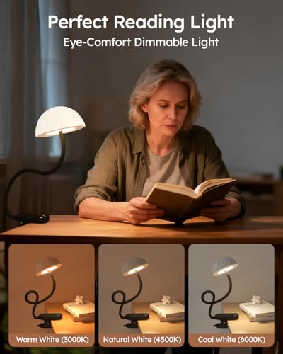 Cordless Clip On Lamp, Touch Control Desk Lamp with RGB Ambient Mode & 3000K–6000K, Rechargeable Dimmable Book Reading Light with Flexible Arm Sturdy Clamp On Table Bedside Headboard, Battery Operated - color: Black