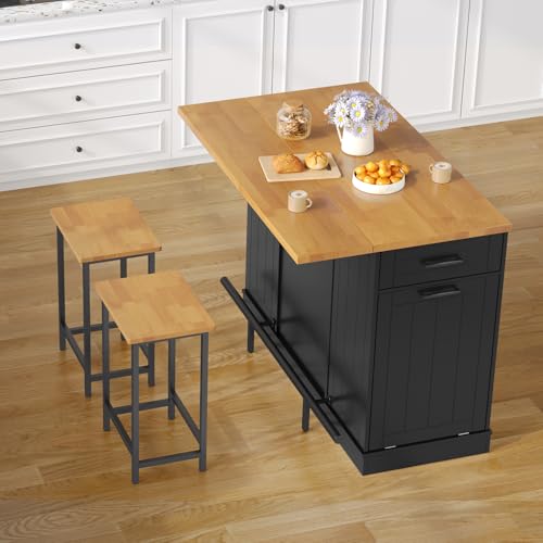 47" Kitchen Island with Seating, Stationary Island Table with Storage Include 2 Chairs, Kitchen Islands with Drop Leaf, Dining Table with Trash Cabinet & Power Outlet & Spice Rack, Black - color: Black