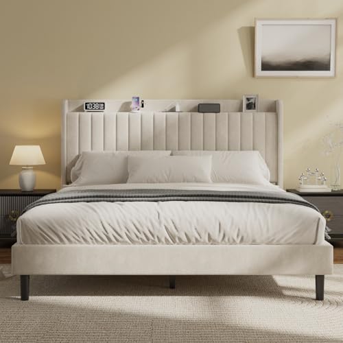 King Velvet Bed Frame with Storage Headboard & Charging Station | Vertical Channel Tufted, Mattress Non-slip Design, No Box Spring Needed, Noise-Free, Easy Assembly, Sturdy, Wingback - color: Beige, size: King