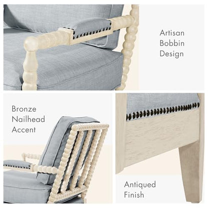 Madison Park Accent Chairs for Living Room Farmhouse Modern Armchair, Solid Wood, Antiqued Finish, Upholstered Seat Removable, Bedroom Lounge for Reading, 25.5" W, Light Blue/Antique Cream - color: Light Blue/Antique Cream