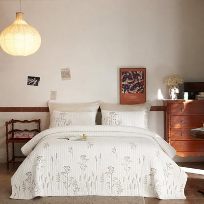MarCielo 3pcs Cotton Quilt Set, White Floral | Bedspread Coverlet, With Shams - color: White Wildflower, size: Queen (98" x 90")