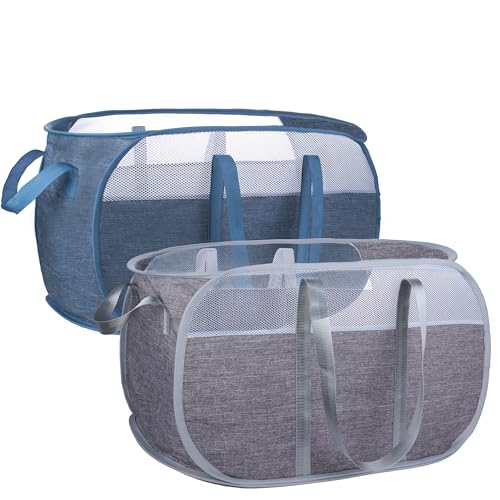 Pop Up Laundry Hamper，with Durable Handles collapsible laundry basket，Easy to Open and Fold for college Dorm,kids room，travel (blue+gray)… - color: blue+gray