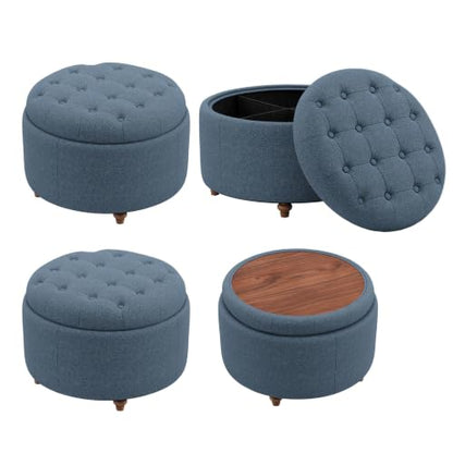 25" Round Ottoman with Storage, Small Coffee Table with Reversible Tray Lid | Tufted Fabric Round Storage Ottoman with Solid Wood Legs, 3-in-1 Footrest for Living Room, Bedroom, Entryway, Blue - color: Blue
