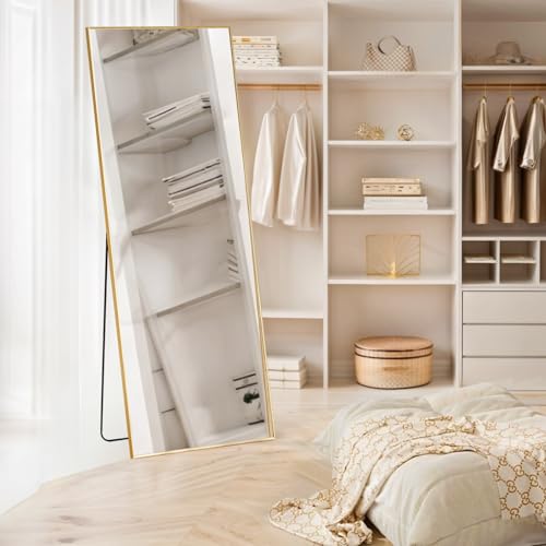 Mirror Full Length, 21"x64" Body Wall Mirrors with Shatter-Proof Glass, Floor Standing, Hanging or Leaning, Large Tall Mirror with Stand Aluminum Alloy Frame for Bedroom Cloakroom - color: Gold, size: 64"L x 21"W, style: Rectangular