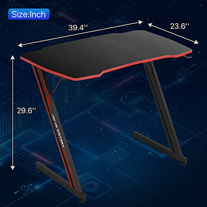 Dkelincs Gaming Desk 39.4 inch Z-Shaped Computer Desk PC Computer Table Home Office Desk Ergonomic Gamer Workstation with Headphone Hook, Red - color: Red, size: 39 Inch
