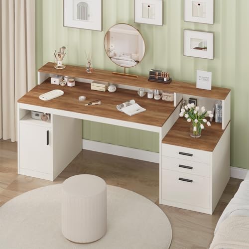 65" Computer Desk with 3 Drawers & Printer Shelf for Home Office | Office Desk with Printer Shelf & File Drawer, Executive Desk Writing Study Table with Monitor Stand, Brown & White - color: Antique White