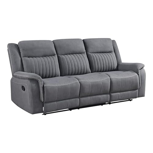 Lexicon Polished Microfiber Wall Hugger Manual Double Reclining Sofa, Gray | 86"W Upholstered 3 Seater Manual Sofa Recliner for Living Room/Apartment, Tool Free Assembly - color: Grey, size: Reclining Sofa