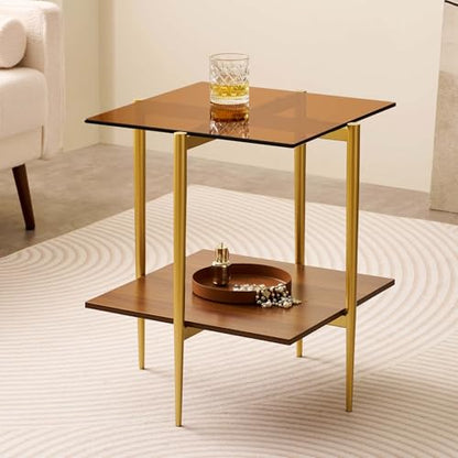 LumFurn Square Glass End Table, Mid-Century Modern Side Table for Living Room, L18xW18xH23inch, Clear Glass and Walnut MDF Wood, Gold Finish Frame - color: L18" Amber & Walnut