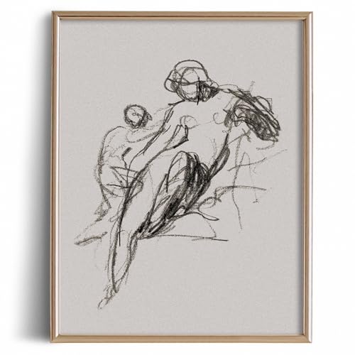 Line Drawing Etching Rustic Gray Picture - Abstract Women Minimal Portrait Print Poster - Vintage Farmhouse Engrave Wall Art - Grey Neutral Sketch - Minimalist Mid Century French Country Room Decor