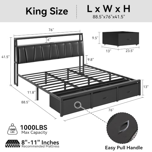 FreeHouse King Size Bed Frame with Storage Headboard & 3 Drawers, Black | Upholstered King Bed Frame with Charging Station & LED Lights,Fabric Drawers, Metal Slats, No Box Spring Needed Noise-Free - color: Black, size: King