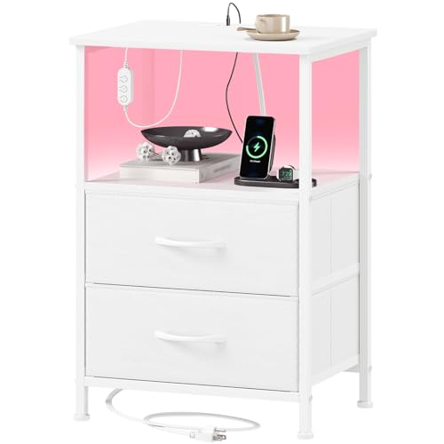 Somdot Nightstand with 2 Drawers, Charging Station & LED Light | Fabric-Bin Dresser for Bedroom, Bedside, Kids Room, Dorm, Closet, Laundry and Entryway, White - color: White, size: 11.8"D x 15.7"W x 23.6"H (2 Drawers)