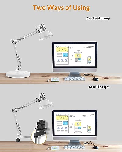 LEPOWER Metal Adjustable Desk Lamp with Clamp, Swing Arm for Home Office | Gooseneck, Architect Style, Eye-Caring Table Lamp, On/Off Switch, E26 Base, Reading for Dorm, Bedroom, Study, Back to School - color: White