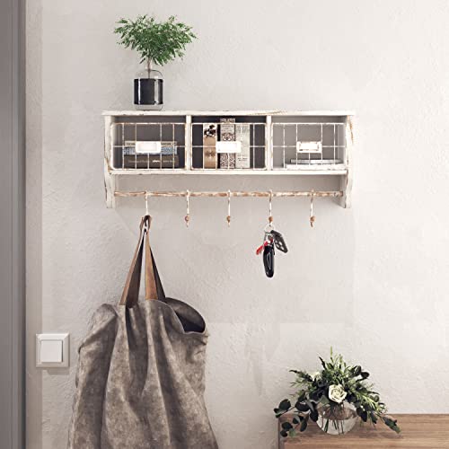 HBCY Creations Wall Mounted Shelf with Coat Hooks and Baskets, Solid Wood Entryway Organizer Wall Shelf with Hooks - Hang Coats, Keys or Coffee Mugs, Rustic Whitewashed 24" Wide - color: Whitewashed