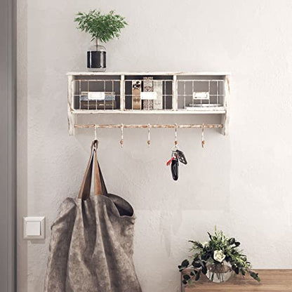 HBCY Creations Wall Mounted Shelf with Coat Hooks and Baskets, Solid Wood Entryway Organizer Wall Shelf with Hooks - Hang Coats, Keys or Coffee Mugs, Rustic Whitewashed 24" Wide - color: Whitewashed