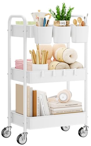 3 Tier Rolling Cart, Heavy Duty Metal Utility Cart with Wheel White | Sturdy Rolling Storage Cart With Hooks & Hanging Cups, Great For Craft, Art Workspace, Kitchen ,Snack And Office Storage - color: White
