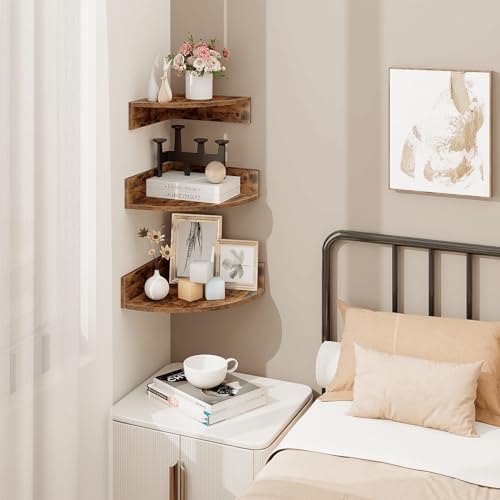 Corner Shelf Wall Mount, Set of 3 Floating Corner Shelves with Cord Hole, 3 Tier Wood Wall Display Shelf, Storage for Bathroom Living Room Kitchen Bedroom, Rustic Brown and Black - color: Brown