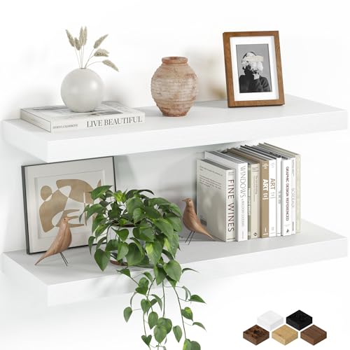 Fun Memories Floating Shelves for Wall, 24 Inch Set of 2 Rustic Wood Wall Shelves with Invisible Brackets, Heavy Duty Storage Display for Living Room Bedroom Kitchen, White - color: White, size: 6.5"D x 24"L - 2Pack
