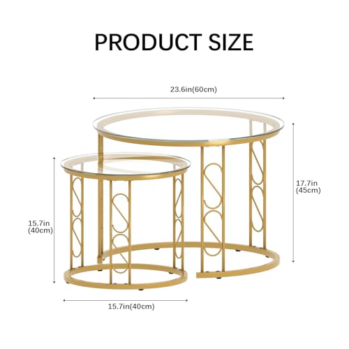 Nesting Coffee Table, 23.6" Round Coffee Table Set of 2, Glass Nesting Table with Metal Frame, Ceter Tables for Living Room Bedroom Balcony, Gold - color: Glass and Gold