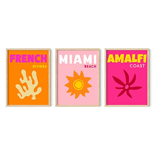 HAUS AND HUES Preppy Wall Art - Set of 3 Colorful Prints, Trendy Travel Decor, Bright Aesthetic Wall Art, Beach Posters (Beige Frame, 12x16) - color: Bright City, size: 12"L x 16"W, style: Beige Framed