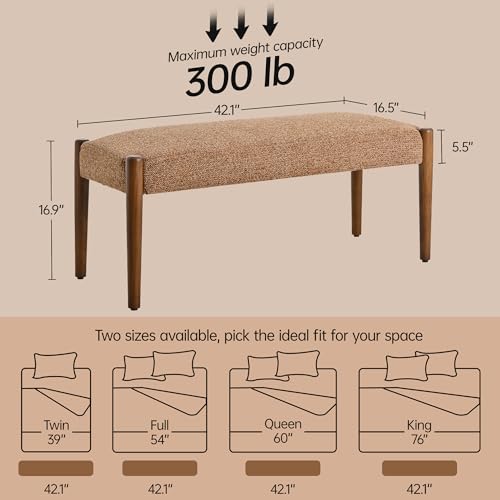 Usaint 42" End of Bed Bench with Wood Legs, Orange with Walnut Leg | Modern Upholstered Bedroom Bench with Rubberwood Legs, Entryway Bench with Cushion, Dining Bench for Living Room, Bedroom - color: Orange With Walnut Leg