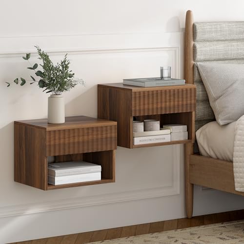 Floating Nightstand Set of 2 with Drawer, Fluted Modern Night Stand with Fluted Door and Open Storage Shelf Wall Mounted Bedside Table for Bedroom, Entryway Brown - color: Brown, size: 2 PCS