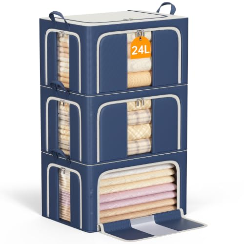 3 Openings Clothes Storage Bins with Metal Frame，24L (navy blue) | Oxford-Gewebe - color: Navy Blue, size: 24L（15.7“X11.81"X7.87")