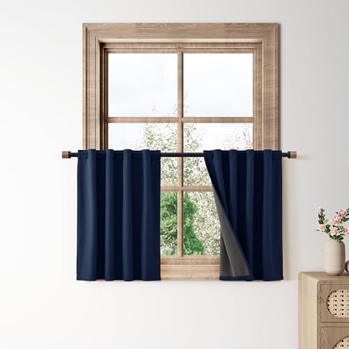 100% Blackout Kitchen Linen Curtains Back Tab Pleated Short Drape 24 Inch Length Privacy Elegant Mini Cafe Curtain for Rustic Farmhouse Sound Proof Bedroom Small Window Navy Blue 26x24 - color: Navy Blue, size: 26"W x 24"L (Pack of 2)
