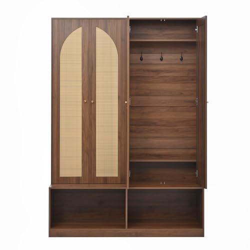 JIVOIT Bohemian Farmhouse Widen Hall Tree with 4 Rattan Doors, Versatile 4-In-1 Hall Tree, Mid-Century Entryway Shoe Cabinet with Adjustable Shelf and 6 Hooks, Seating Bench for Living Room - color: Walnut//53