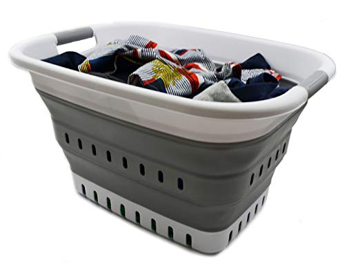 SAMMART 37L (9.77 gallon) Collapsible Plastic Laundry Basket - Foldable Pop Up Storage Container/Organizer - Space Saving Hamper/Basket (1, White/Grey) - color: White/Grey