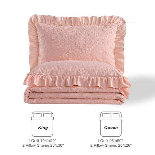DJY Queen Size Quilt Sets, Ruffled Bedding Set, Blush Pink | Lightweight Modern Pattern Bedspreads, Bed Cover for All Seasons, 96''x90''- 3 Piece (1 Quilt, 2 Pillow Shams) - color: Pink, size: Queen